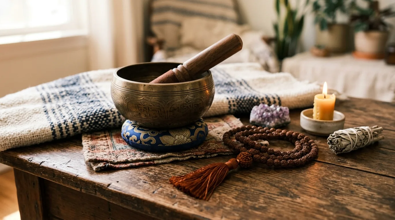 Create a small altar or focal point with restraint inspiration for a meditation space.